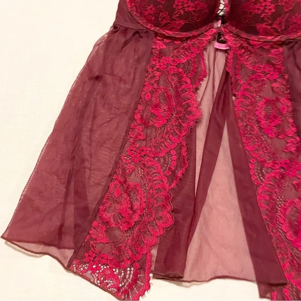 La Senza Burgundy Lace & Mesh Flyaway Babydoll Size M - Picture 5 of 15